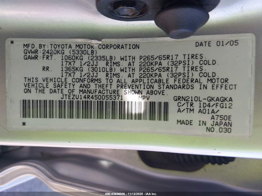 2005 Toyota 4Runner Sr5 V6 VIN: JTEZU14R450055371 Lot: 43656006