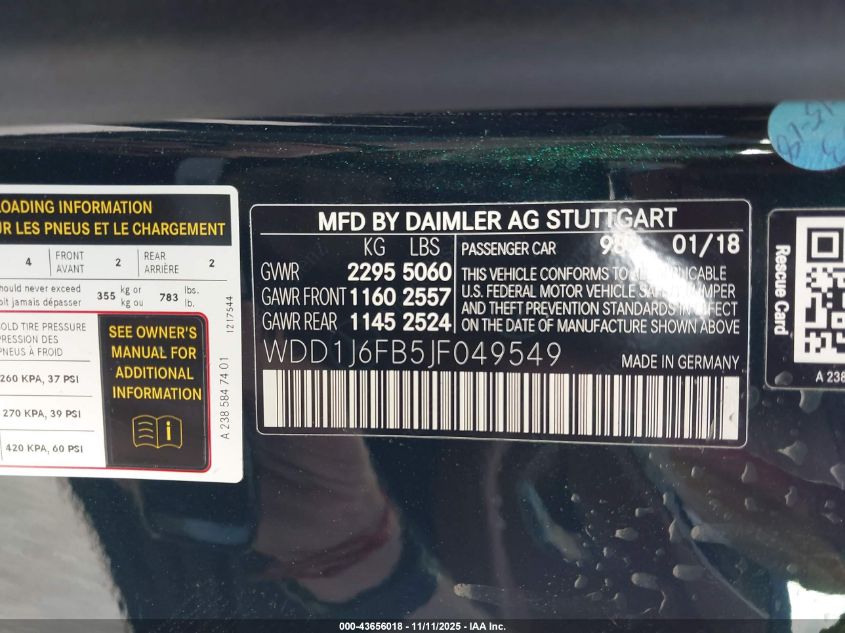 2018 Mercedes-Benz E 400 VIN: WDD1J6FB5JF049549 Lot: 43656018