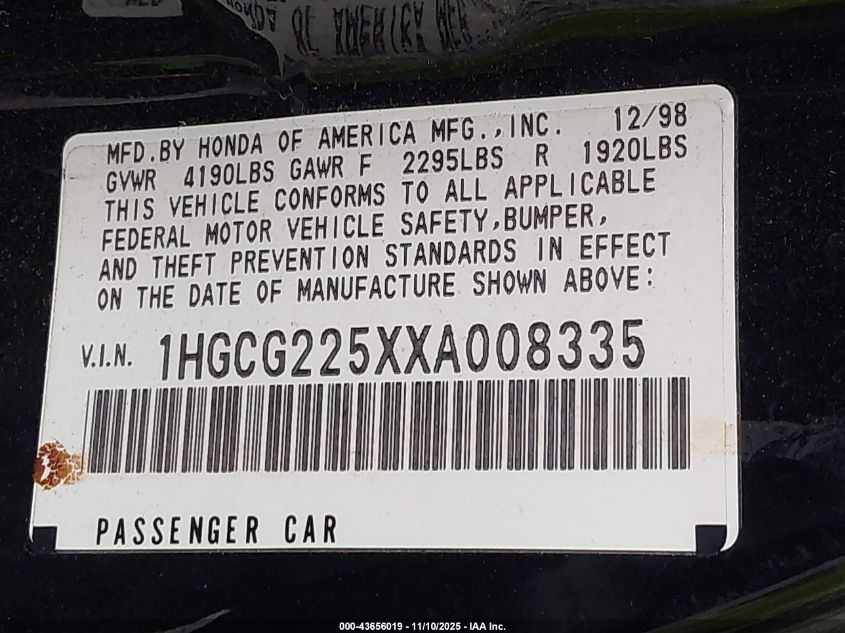 1999 Honda Accord Ex V6 VIN: 1HGCG225XXA008335 Lot: 43656019
