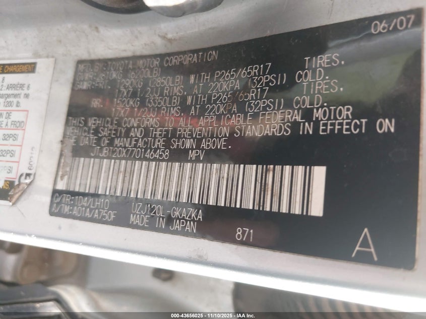 2007 Lexus Gx 470 VIN: JTJBT20X770146458 Lot: 43656025