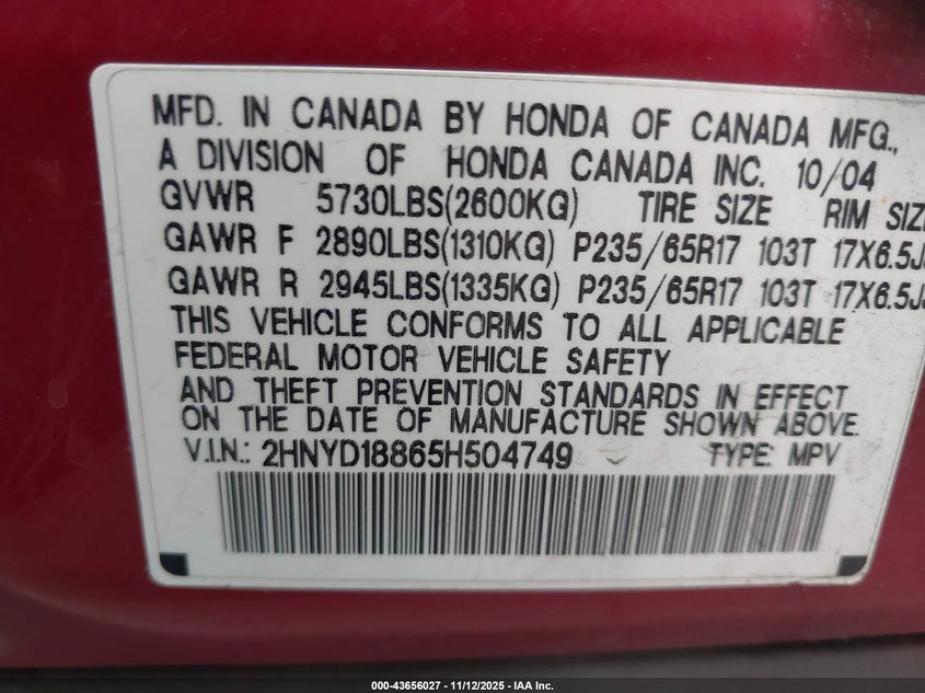 2005 Acura Mdx VIN: 2HNYD18865H504749 Lot: 43656027
