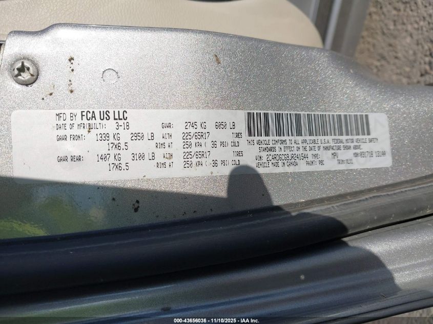 2018 Dodge Grand Caravan Sxt VIN: 2C4RDGCG9JR241544 Lot: 43656036