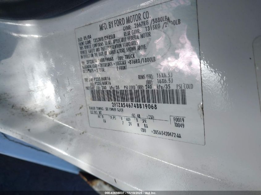 2004 Ford Freestar VIN: 2FTZA54674BB19068 Lot: 43656037