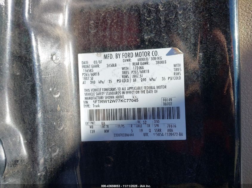 2007 Ford F-150 Xlt VIN: 1FTRW12W77KC77045 Lot: 43656053