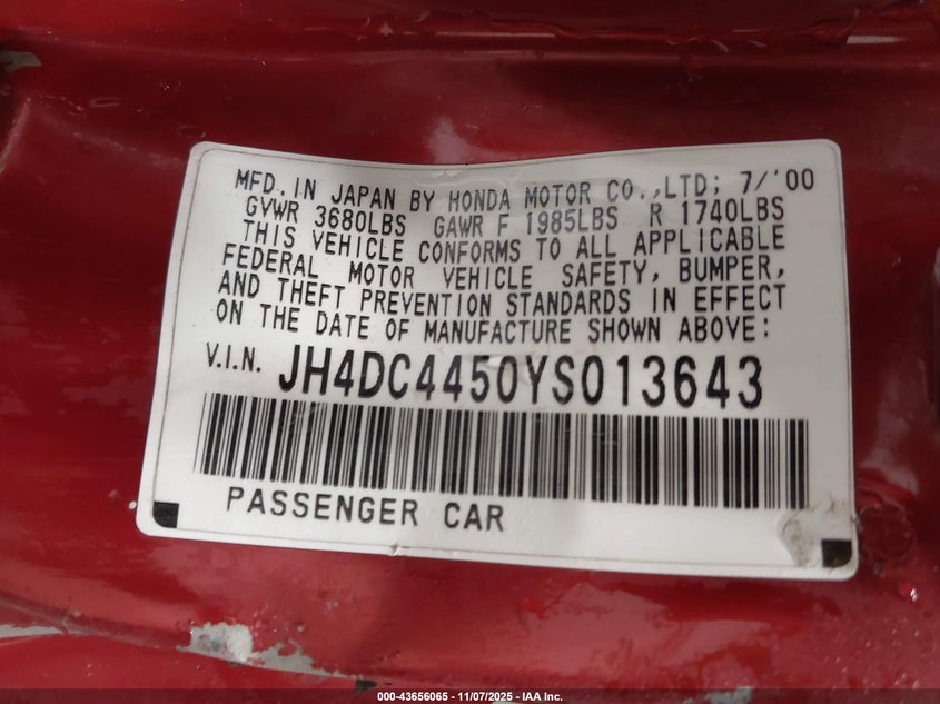 2000 Acura Integra Ls VIN: JH4DC4450YS013643 Lot: 43656065