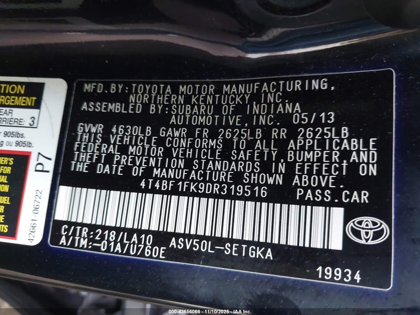 2013 TOYOTA CAMRY XLE 4T4BF1FK9DR319516