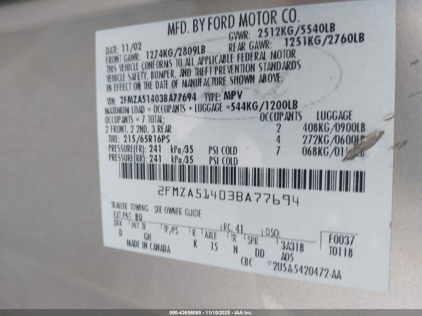 2003 Ford Windstar Lx VIN: 2FMZA51403BA77694 Lot: 43656069