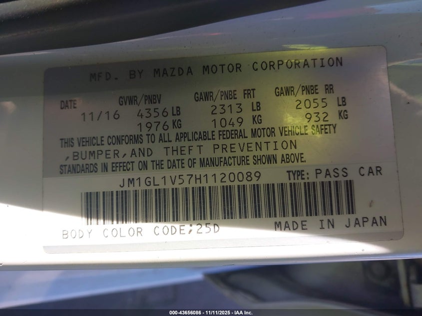 2017 Mazda Mazda6 Touring VIN: JM1GL1V57H1120089 Lot: 43656086