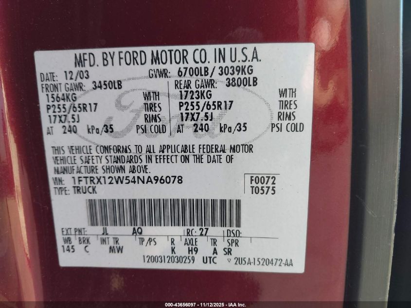 2004 Ford F-150 Stx/Xl/Xlt VIN: 1FTRX12W54NA96078 Lot: 43656097