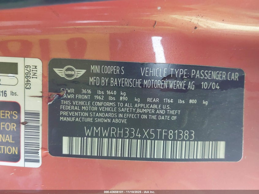 2005 Mini Cooper S VIN: WMWRH334X5TF81383 Lot: 43656101