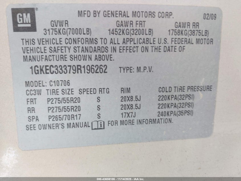 2009 GMC Yukon Slt2 VIN: 1GKEC33379R196262 Lot: 43656106