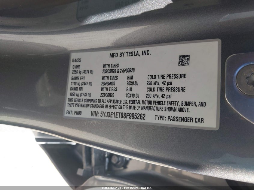 2025 Tesla Model 3 Performance VIN: 5YJ3E1ET0SF995262 Lot: 43656123