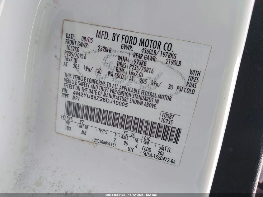 2006 Mercury Mariner Convenience VIN: 4M2YU56Z26DJ10005 Lot: 43656136