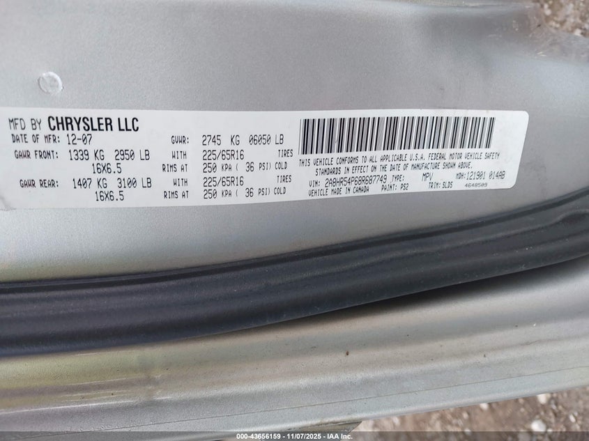 2008 Chrysler Town & Country Touring VIN: 2A8HR54P68R687749 Lot: 43656159