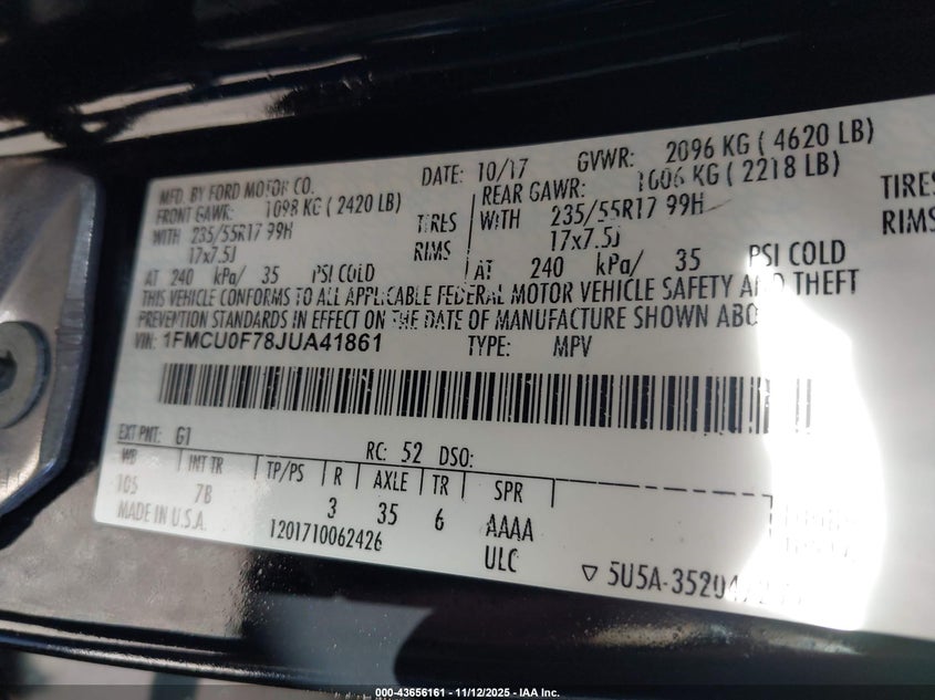 2018 Ford Escape S VIN: 1FMCU0F78JUA41861 Lot: 43656161