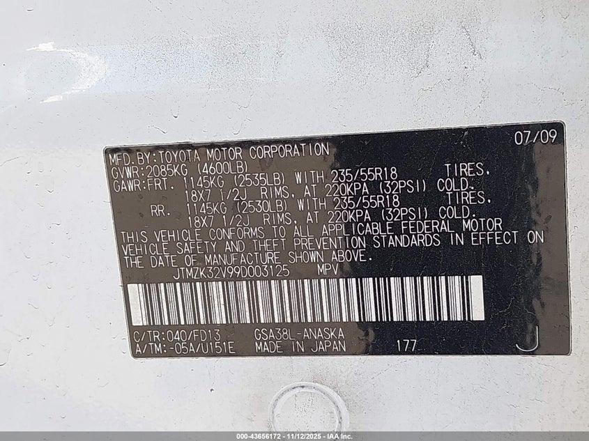 2009 Toyota Rav4 Sport V6 VIN: JTMZK32V99D003125 Lot: 43656172