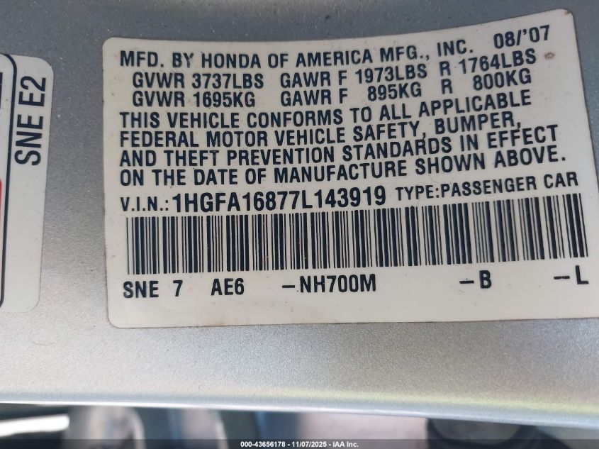 2007 Honda Civic Ex VIN: 1HGFA16877L143919 Lot: 43656178