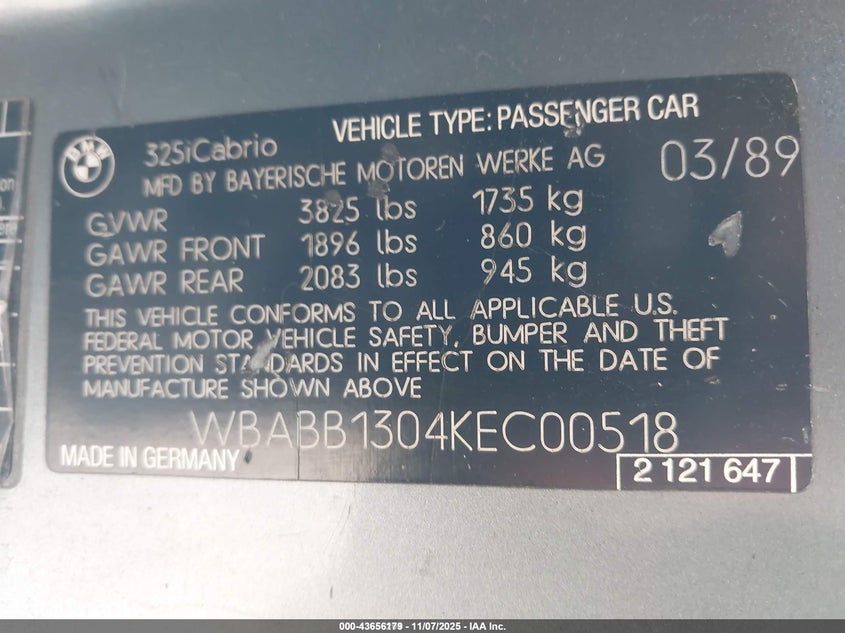 1989 BMW 325 I VIN: WBABB1304KEC00518 Lot: 43656179