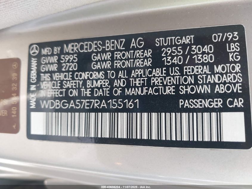 1994 Mercedes-Benz S 600 VIN: WDBGA57E7RA155161 Lot: 43656204