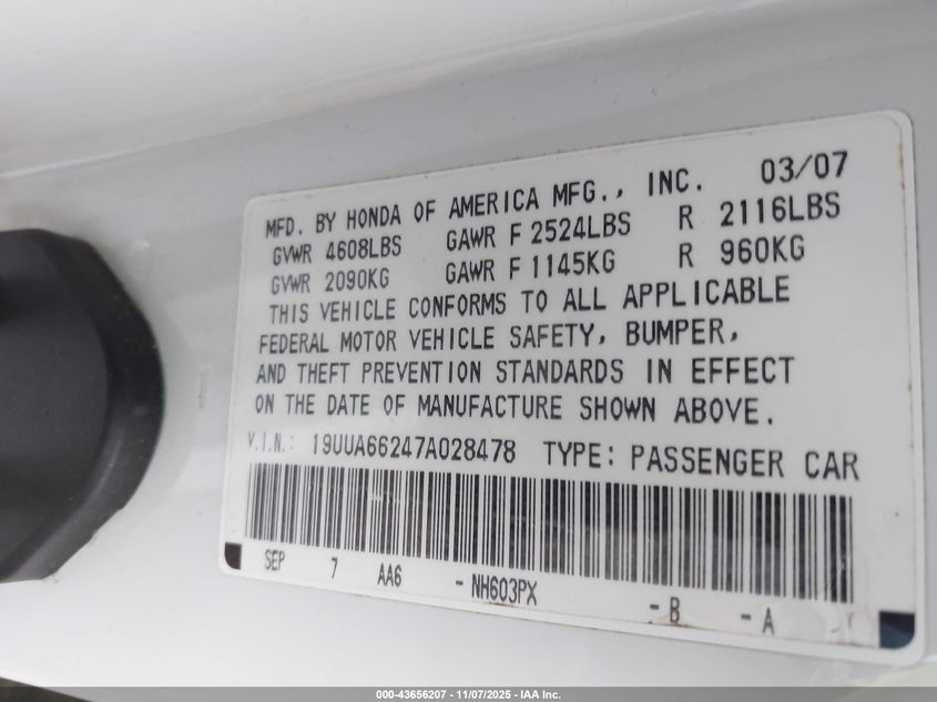 2007 Acura Tl 3.2 VIN: 19UUA66247A028478 Lot: 43656207