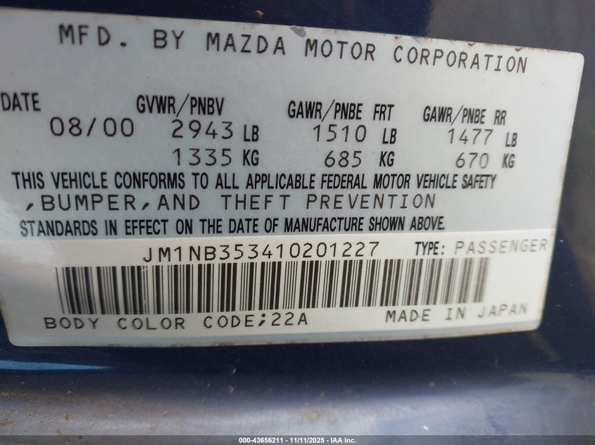 2001 Mazda Mx-5 Miata Ls/Special Edition VIN: JM1NB353410201227 Lot: 43656211