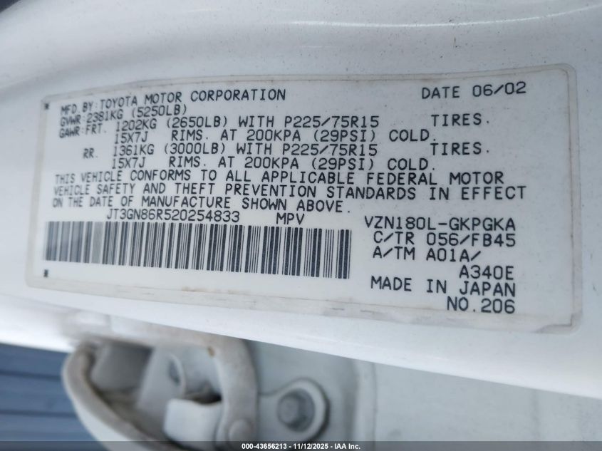 2002 Toyota 4Runner Sr5 V6 VIN: JT3GN86R520254833 Lot: 43656213