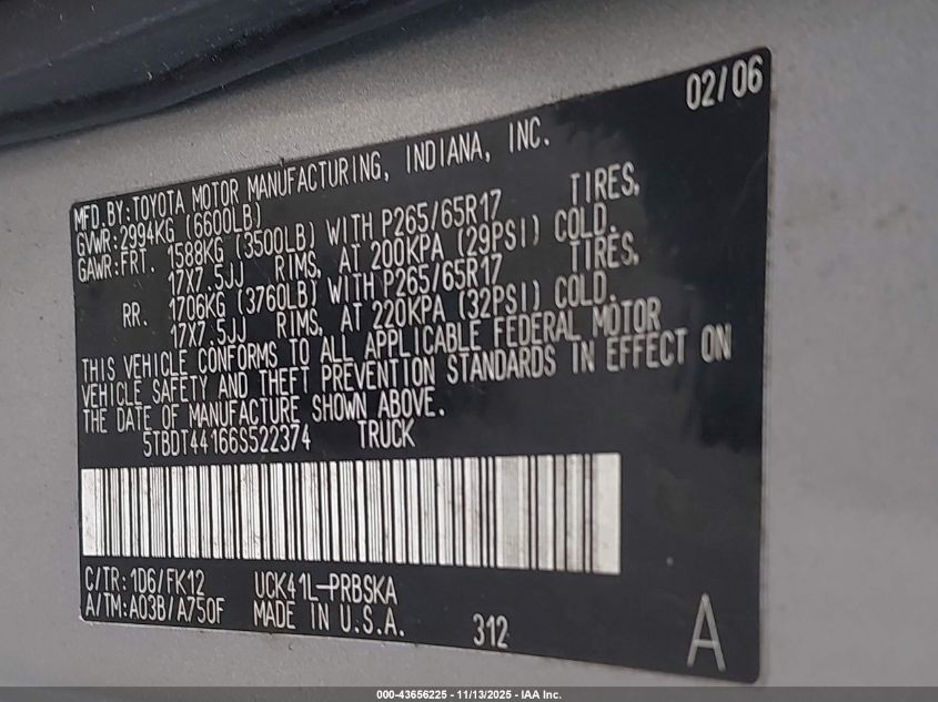 2006 Toyota Tundra Sr5 V8 VIN: 5TBDT44166S522374 Lot: 43656225