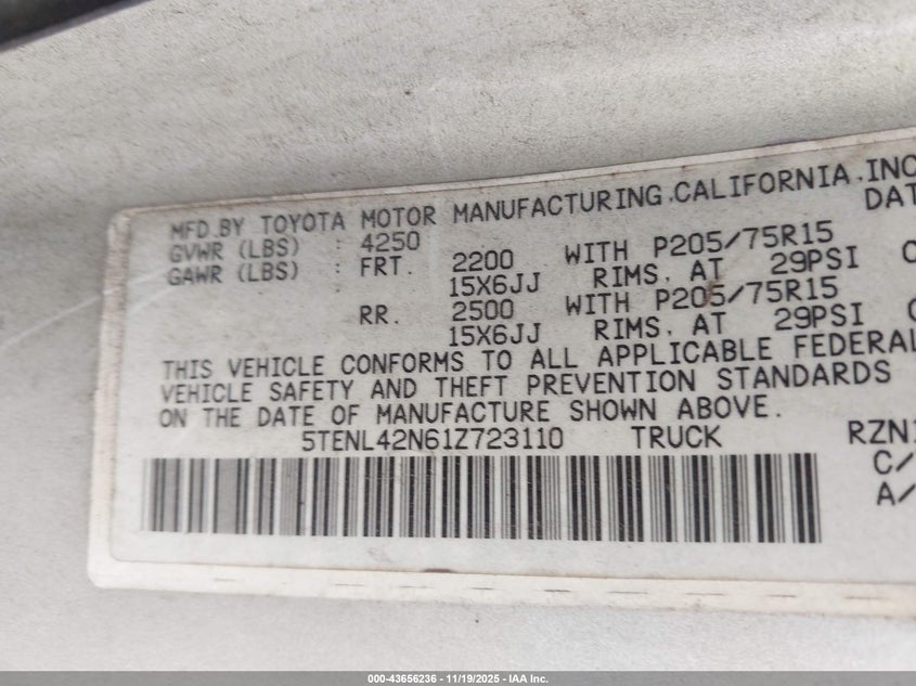 2001 Toyota Tacoma VIN: 5TENL42N61Z723110 Lot: 43656236