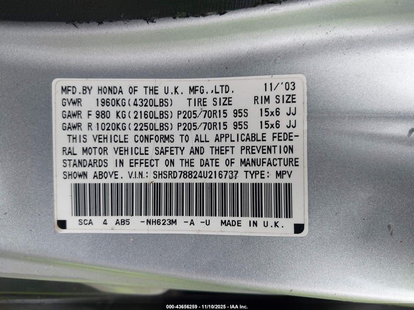 2004 Honda Cr-V Ex VIN: SHSRD78824U216737 Lot: 43656259