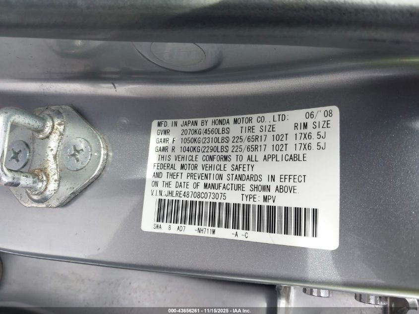 2008 Honda Cr-V Ex-L VIN: JHLRE48708C073075 Lot: 43656261