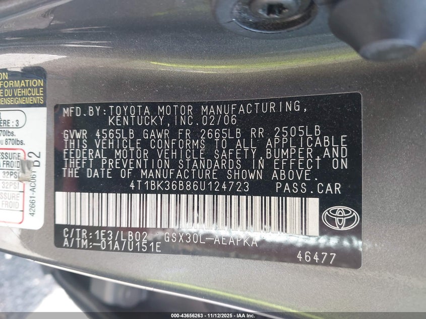 2006 Toyota Avalon Limited VIN: 4T1BK36B86U124723 Lot: 43656263