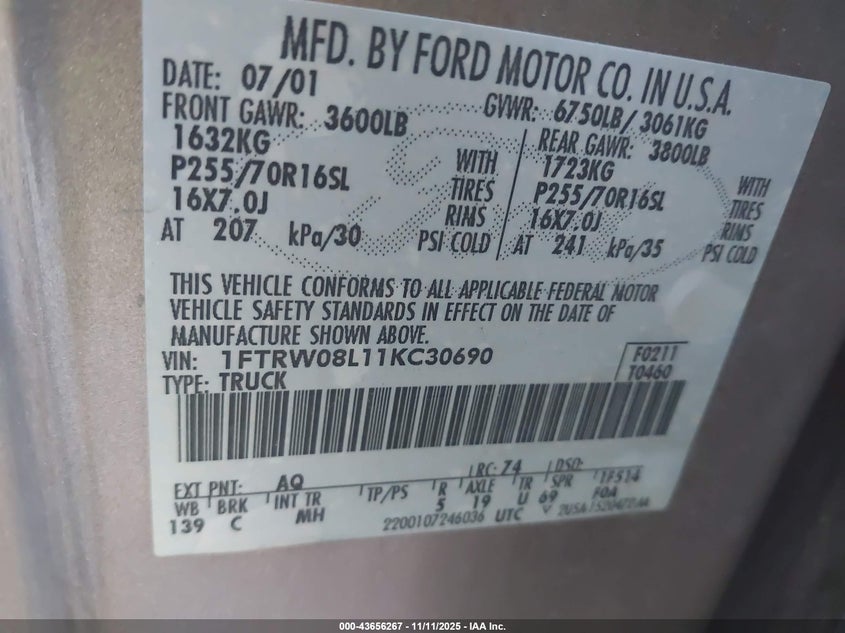 2001 Ford F-150 King Ranch Edition/Lariat/Xlt VIN: 1FTRW08L11KC30690 Lot: 43656267