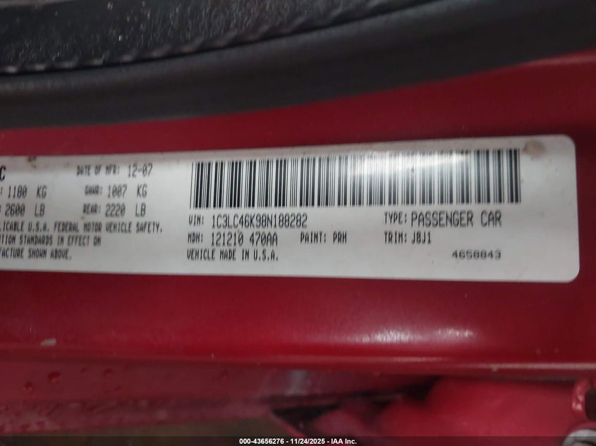 2008 Chrysler Sebring Lx VIN: 1C3LC46K98N188282 Lot: 43656276