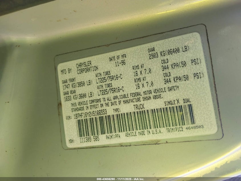 1997 Dodge Ram 1500 Lt VIN: 1B7HF16Y2VS166553 Lot: 43656298