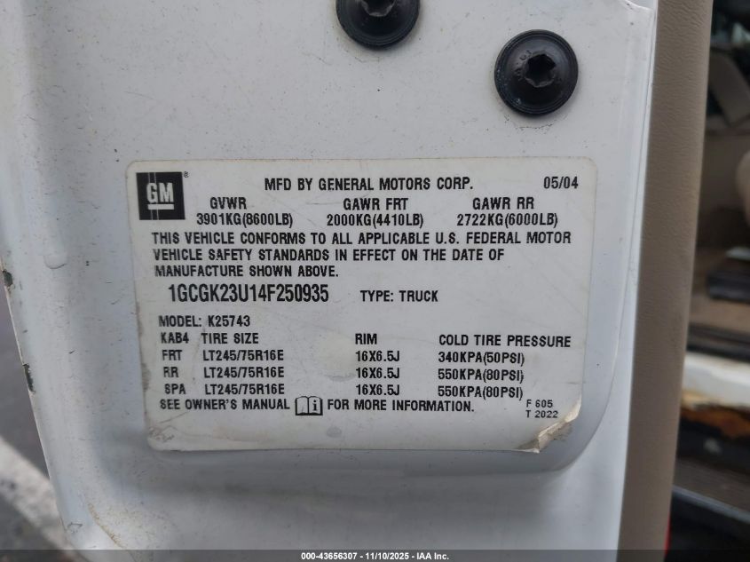 2004 Chevrolet Silverado 2500 Ls VIN: 1GCGK23U14F250935 Lot: 43656307