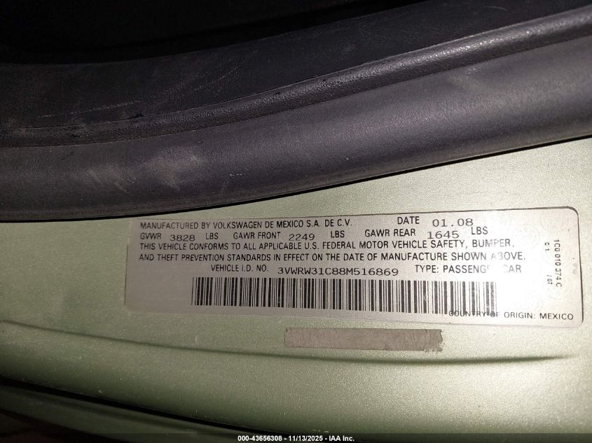 2008 Volkswagen New Beetle Se VIN: 3VWRW31C88M516869 Lot: 43656308