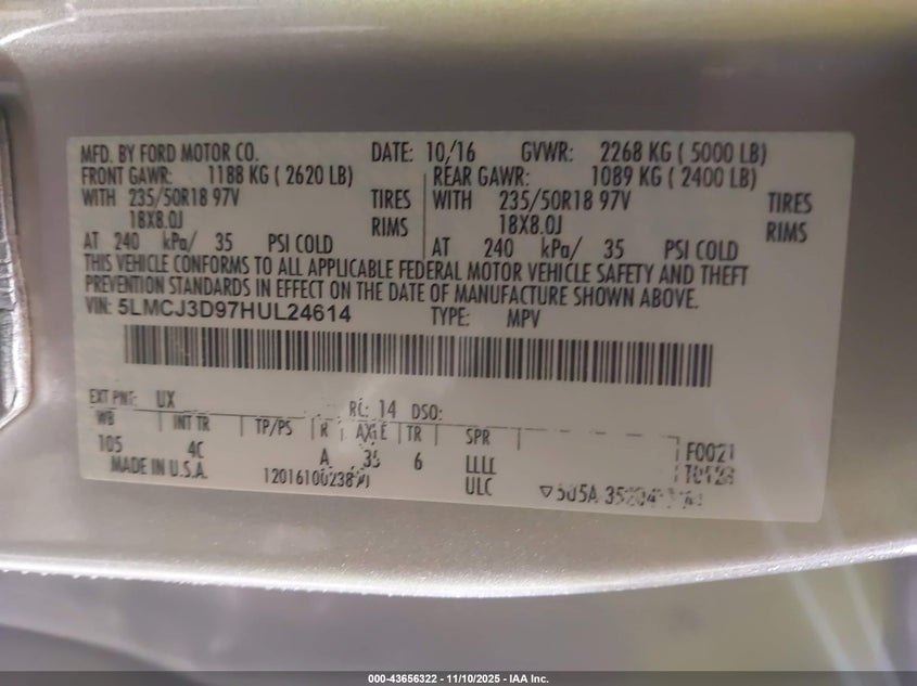 2017 Lincoln Mkc Reserve VIN: 5LMCJ3D97HUL24614 Lot: 43656322