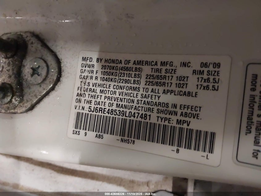 2009 Honda Cr-V Ex VIN: 5J6RE48539L047481 Lot: 43656326