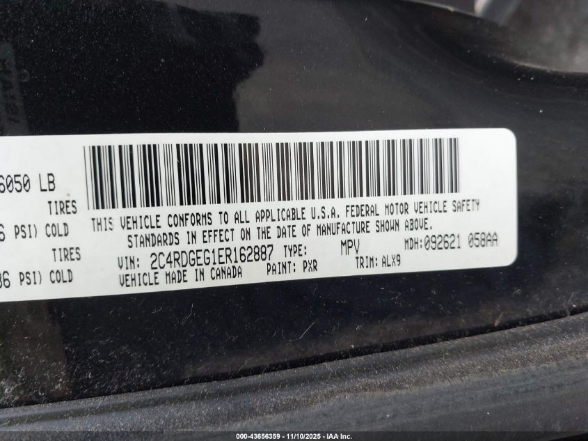 2014 Dodge Grand Caravan R/T VIN: 2C4RDGEG1ER162887 Lot: 43656359