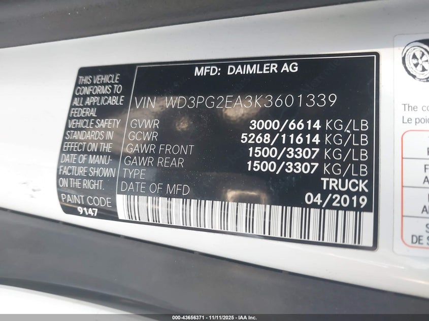 2019 MERCEDES-BENZ METRIS - WD3PG2EA3K3601339