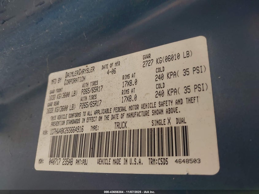 2006 Dodge Dakota Slt VIN: 1D7HW48K26S664916 Lot: 43656384