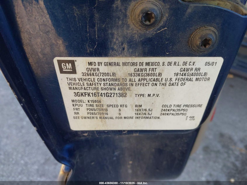2001 GMC Yukon Xl 1500 Slt VIN: 3GKFK16T41G271382 Lot: 43656388