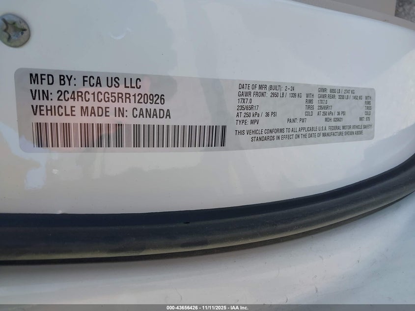 2024 Chrysler Voyager Lx VIN: 2C4RC1CG5RR120926 Lot: 43656426