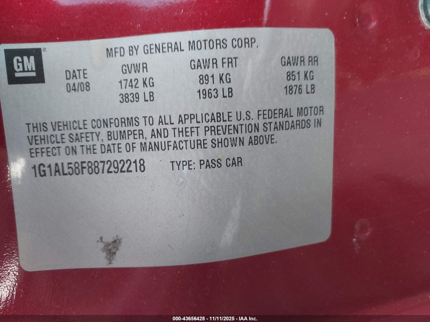 2008 Chevrolet Cobalt Lt VIN: 1G1AL58F887292218 Lot: 43656428