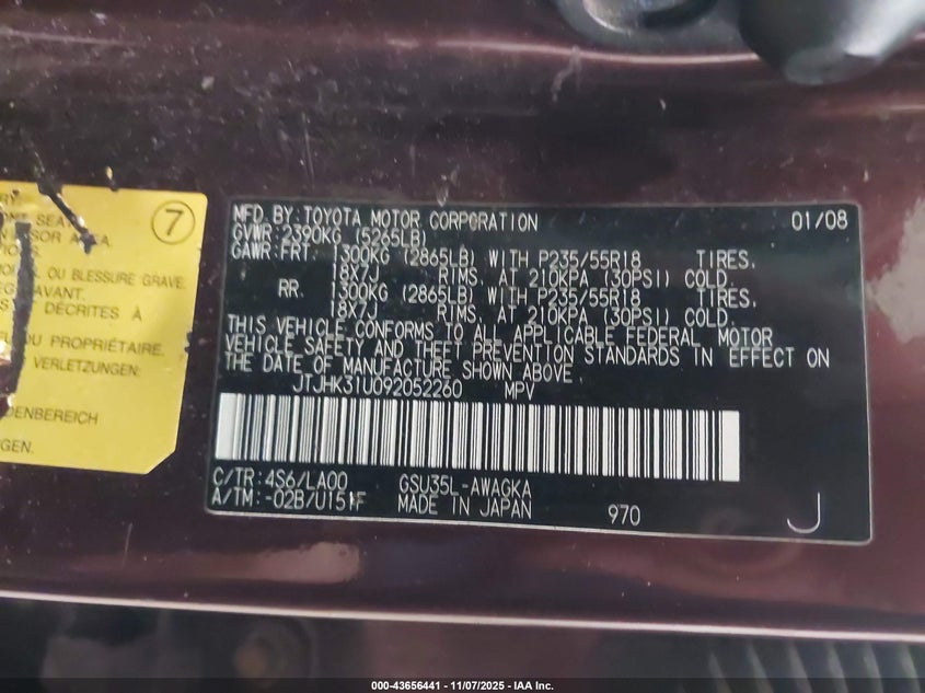 2009 Lexus Rx 350 VIN: JTJHK31U092052260 Lot: 43656441