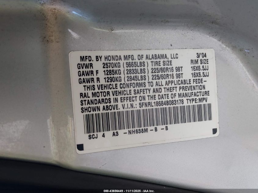 2004 Honda Odyssey VIN: 5FNRL18684B08317 Lot: 43656449