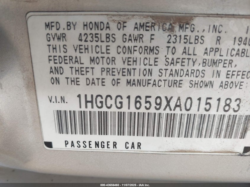 1HGCG1659XA015183 1999 HONDA ACCORD photo no. 9
