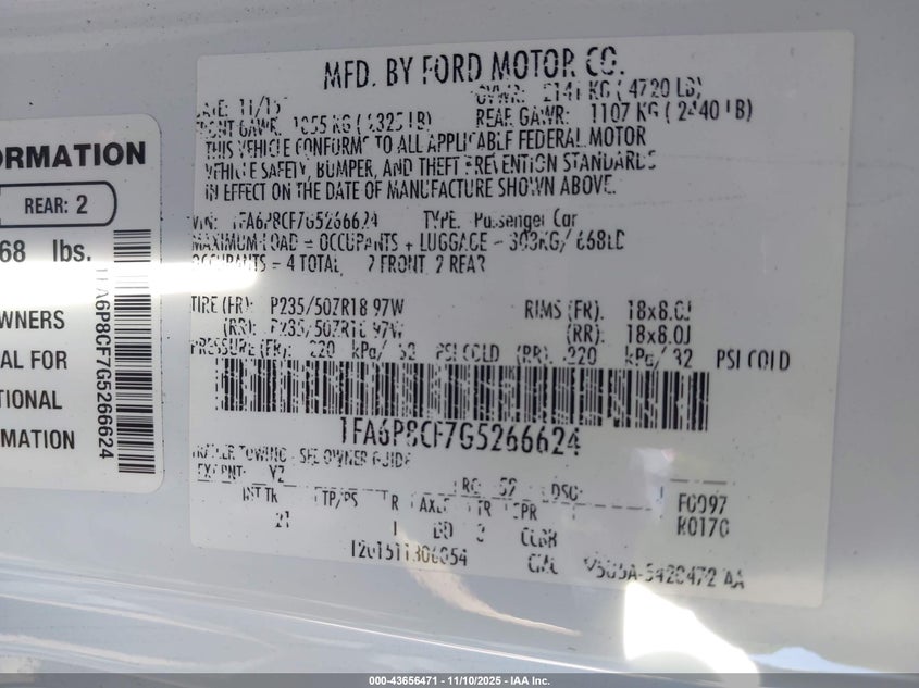 2016 Ford Mustang Gt VIN: 1FA6P8CF7G5266624 Lot: 43656471