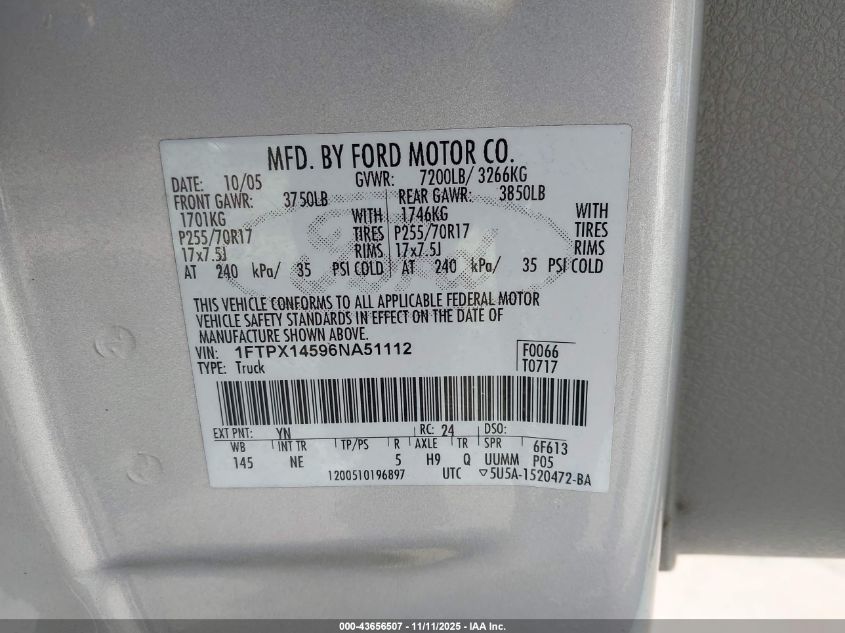 2006 Ford F-150 Fx4/Lariat/Xl/Xlt VIN: 1FTPX14596NA51112 Lot: 43656507