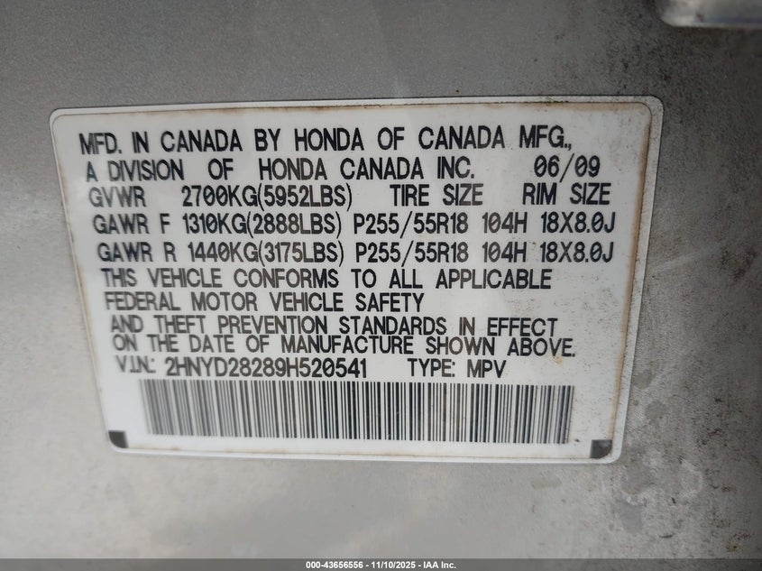 2009 Acura Mdx VIN: 2HNYD28289H520541 Lot: 43656556
